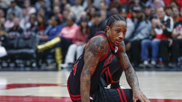 Nov 9, 2022; Chicago, Illinois, USA; Chicago Bulls forward DeMar DeRozan (11) reacts during the second half at United Center. Mandatory Credit: Kamil Krzaczynski-USA TODAY Sports